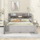 Wood Platform Bed With Built In LED Light, Storage Headboard And Guardrail