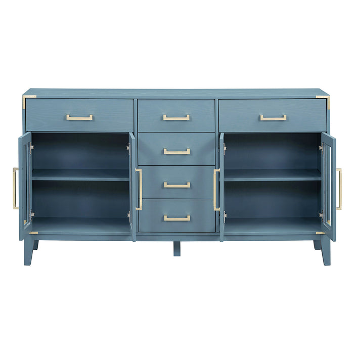 TREXM 6-drawer and 2-Cabinet Retro Sideboard with Extra Large Storage Space, with Gold Handles and Solid Wood Legs, for Kitchen and Living Room (Antique Blue)