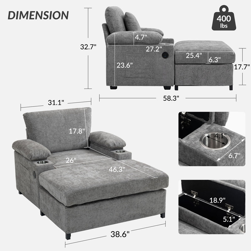 Fabric Sofa Bed With Cupholders And USB Charging Ports Chair For Living Room