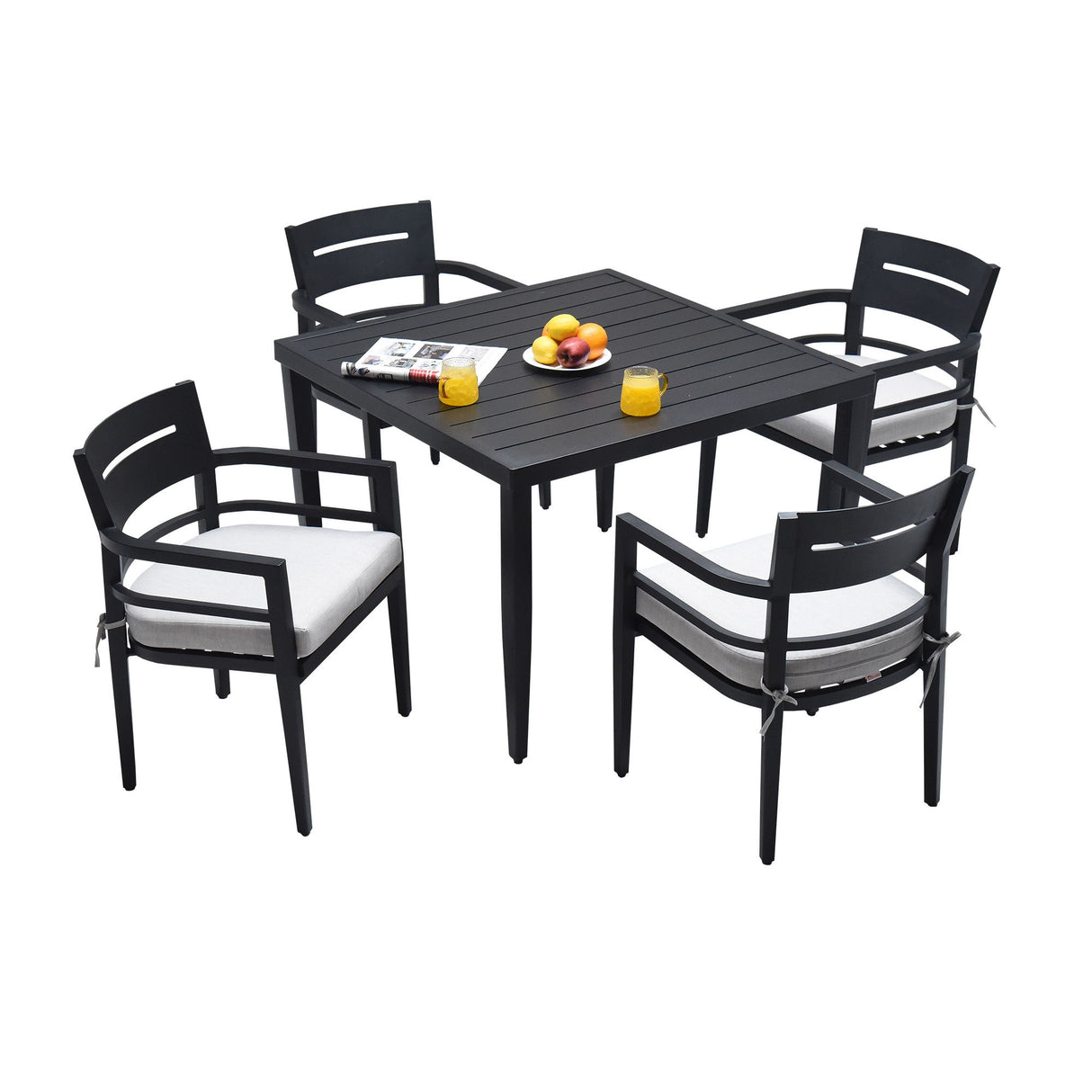 5 Piece Outdoor Patio Modern Dining Set, Including 4 Dining Chairs Sunbrella Fabric Cushioned And Square Dining Table With Umbrella Hole - Ember Black