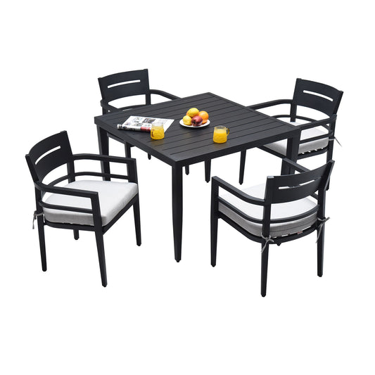 5 Piece Outdoor Patio Modern Dining Set, Including 4 Dining Chairs Sunbrella Fabric Cushioned And Square Dining Table With Umbrella Hole - Ember Black