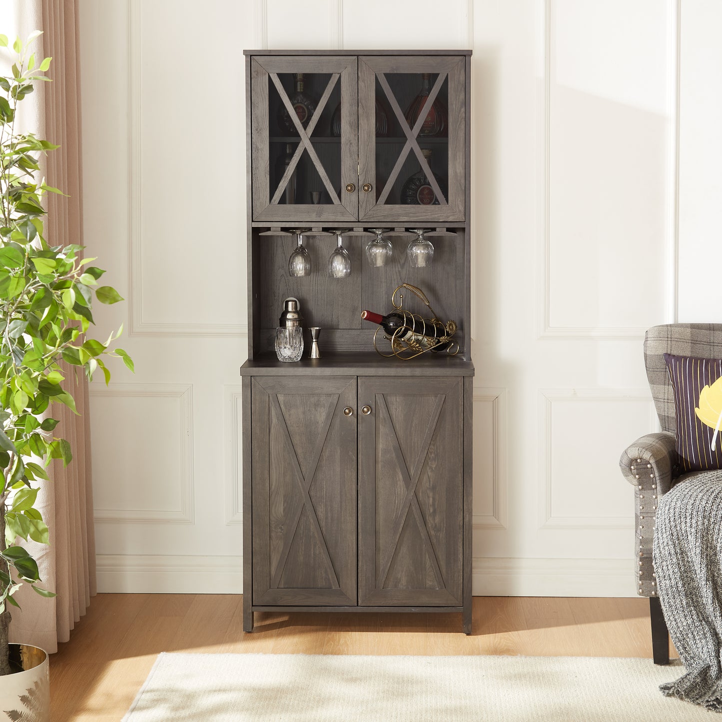 Farmhouse Bar Cabinet for Liquor and Glasses, Dining Room Kitchen Cabinet with Wine Rack, Sideboards Buffets Bar Cabinet L26.89''*W15.87''*H67.3'' Charcoal Grey