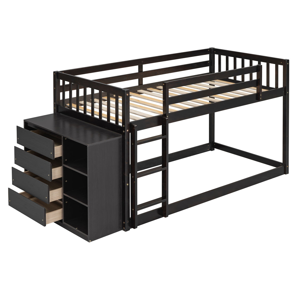 Twin Over Twin Classic Bunk Bed With 4 Drawers And 3 Shelves - Espresso
