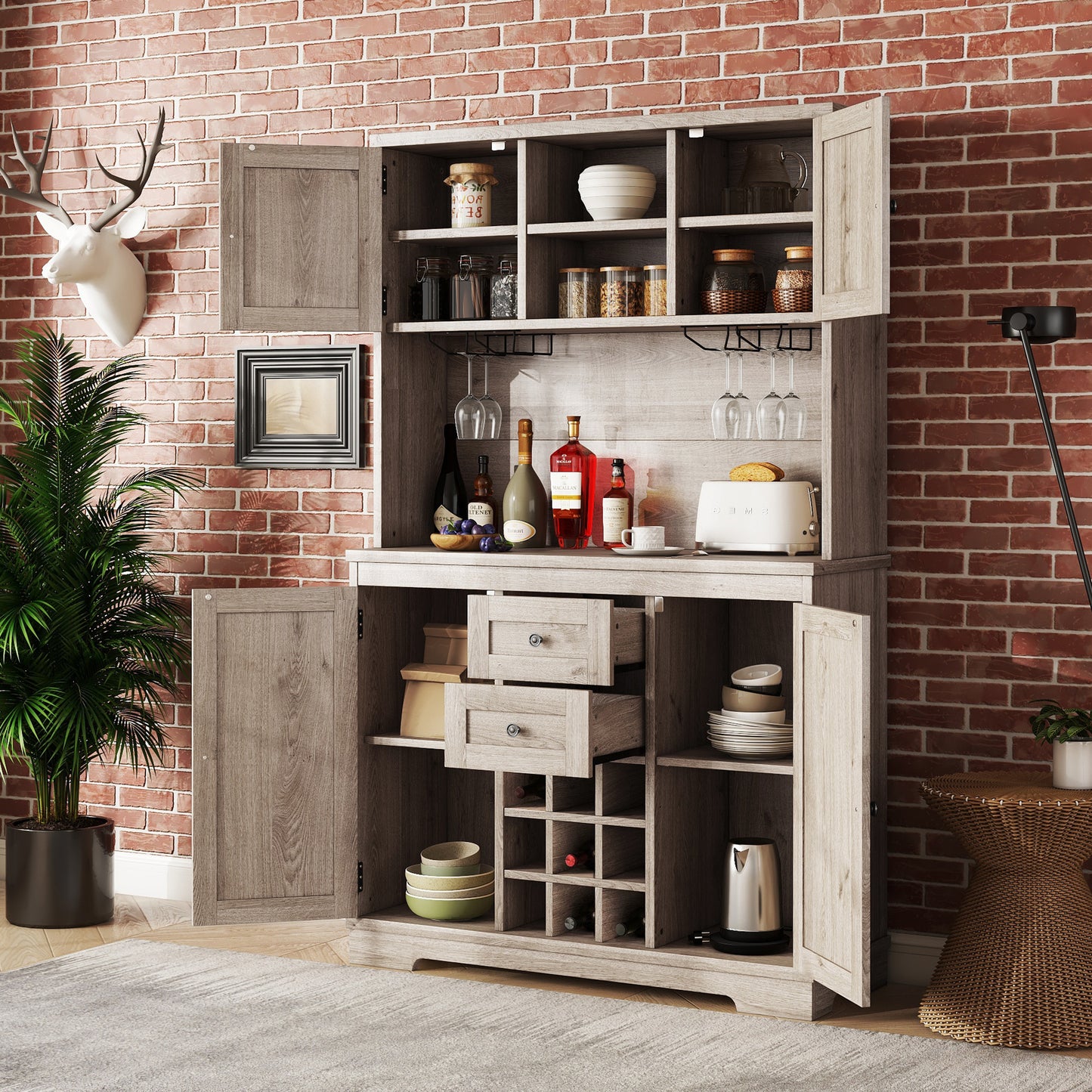 Coffee Bar Cabinet Kitchen Cabinet with Storage, Farmhouse Wine Cabinet with Drawers shelves and cabinets, Buffet Cabinet Wine & Glass Racks for Dining Room, Kitchen, Oak