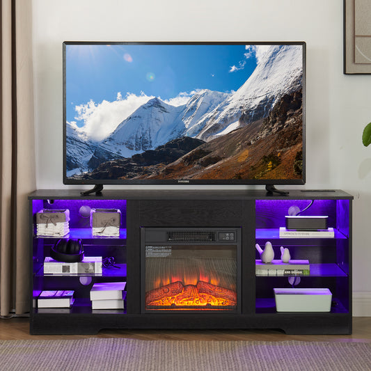 TV Stand Electric Fireplace  Glass Shelves, 3D Fireplace TV Stand with LED Lights Wood with USB Charging Outlet Modern Television Table Center for TV up to 62" Black 58''W*15.5''D*24.4