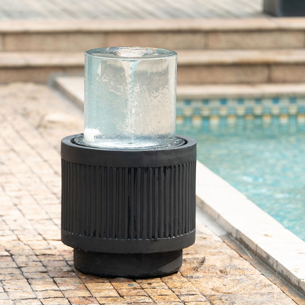 Heavy Cement Round Ribbed Outdoor Water Fountain With Light - Black White