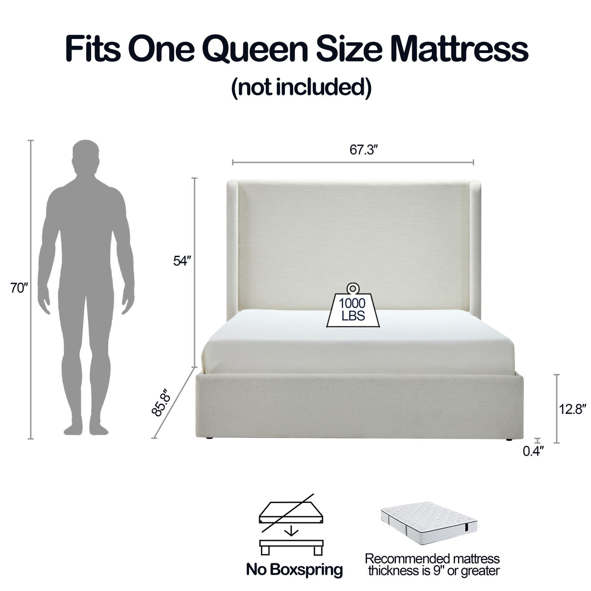 Carmen - Queen Minimalist Upholstered Wingback Bed Frame With High Headboard - Ivory