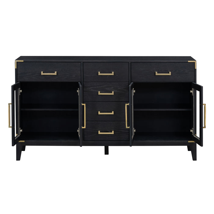 TREXM 6-drawer and 2-Cabinet Retro Sideboard with Extra Large Storage Space, with Gold Handles and Solid Wood Legs, for Kitchen and Living Room (Black)