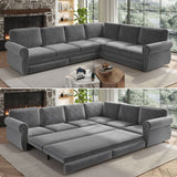 L-Shaped Sofa Couch With Pull Out Bed With Nailhead Trim & Rolled Arm