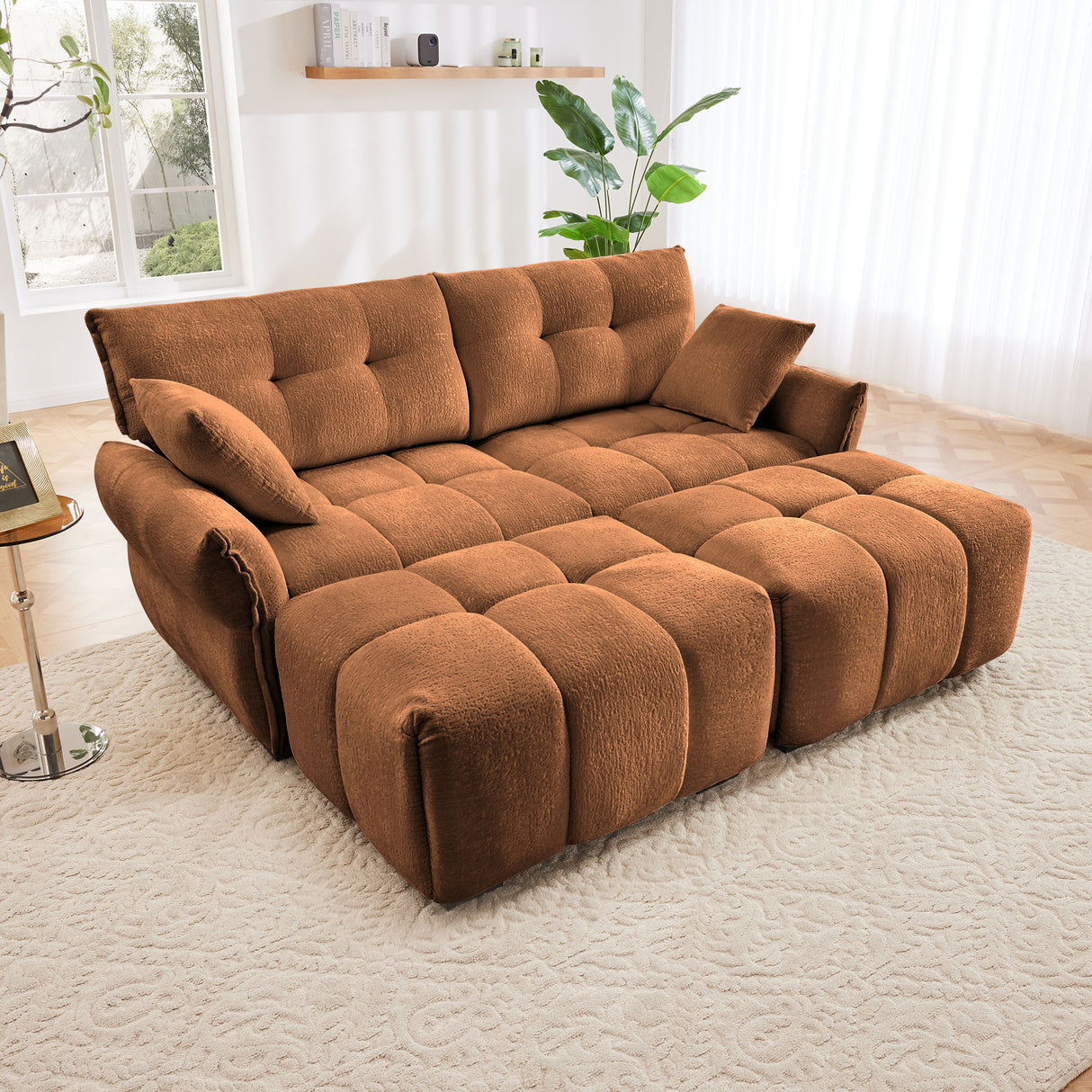 Elegant Sofa Set With Ottoman And Pillows, Textured Chenille, High Resilience Cushions