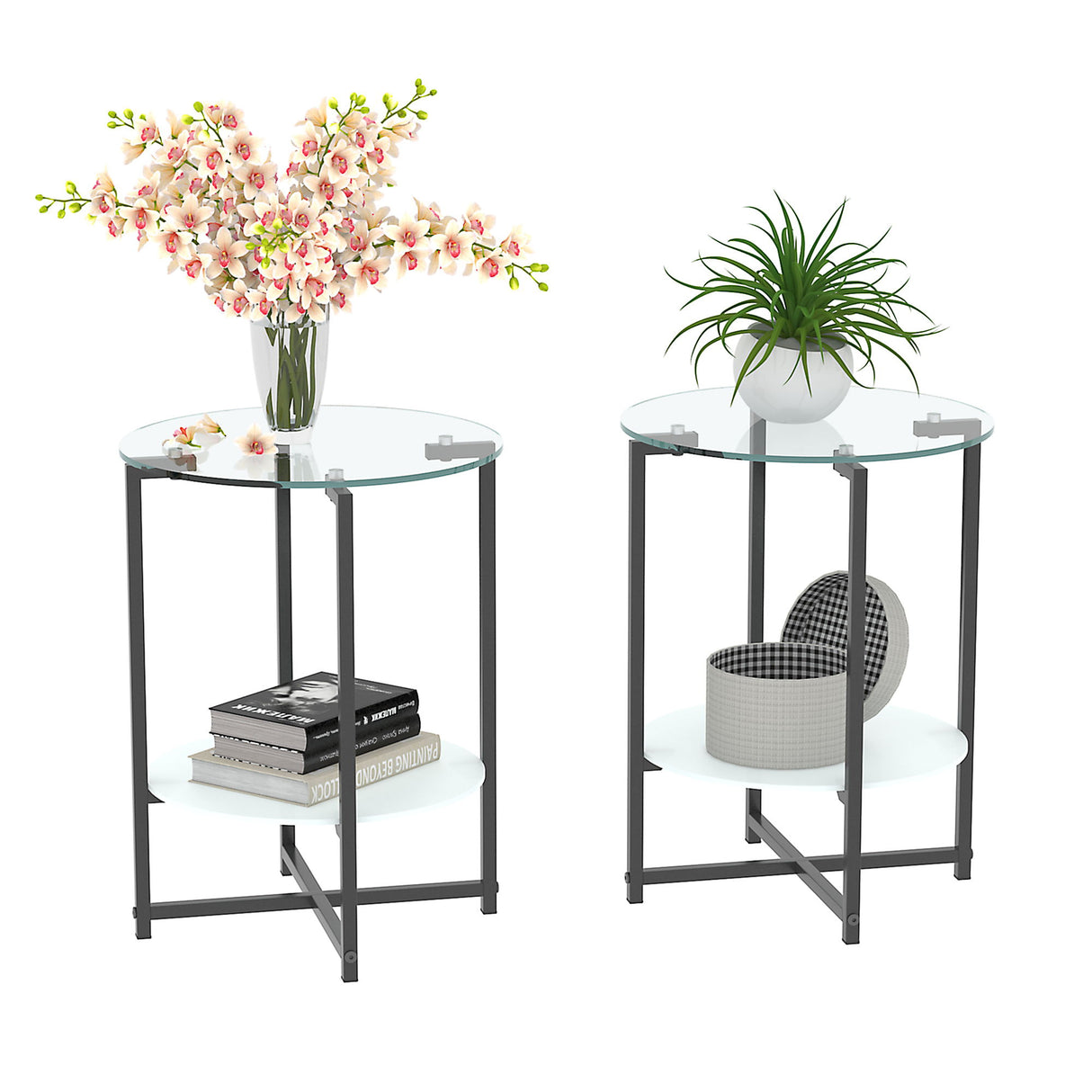 JWS Tempered Glass End Table (Set of 2), Round Coffee Table For Bedroom Living Room Office - Black