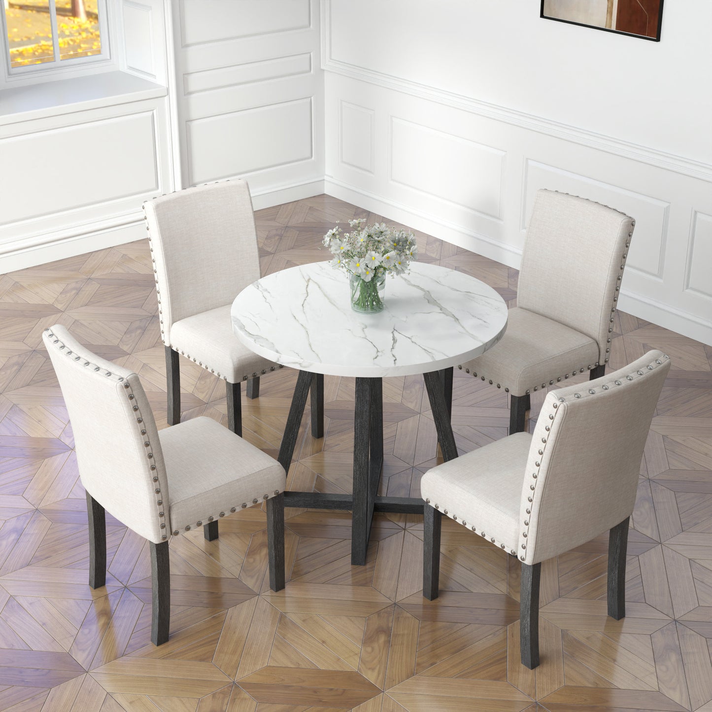 Five-piece dining room set with imitation marble table top, solid wood dining table and 4 chairs, space-saving kitchen and dining room combination furniture.