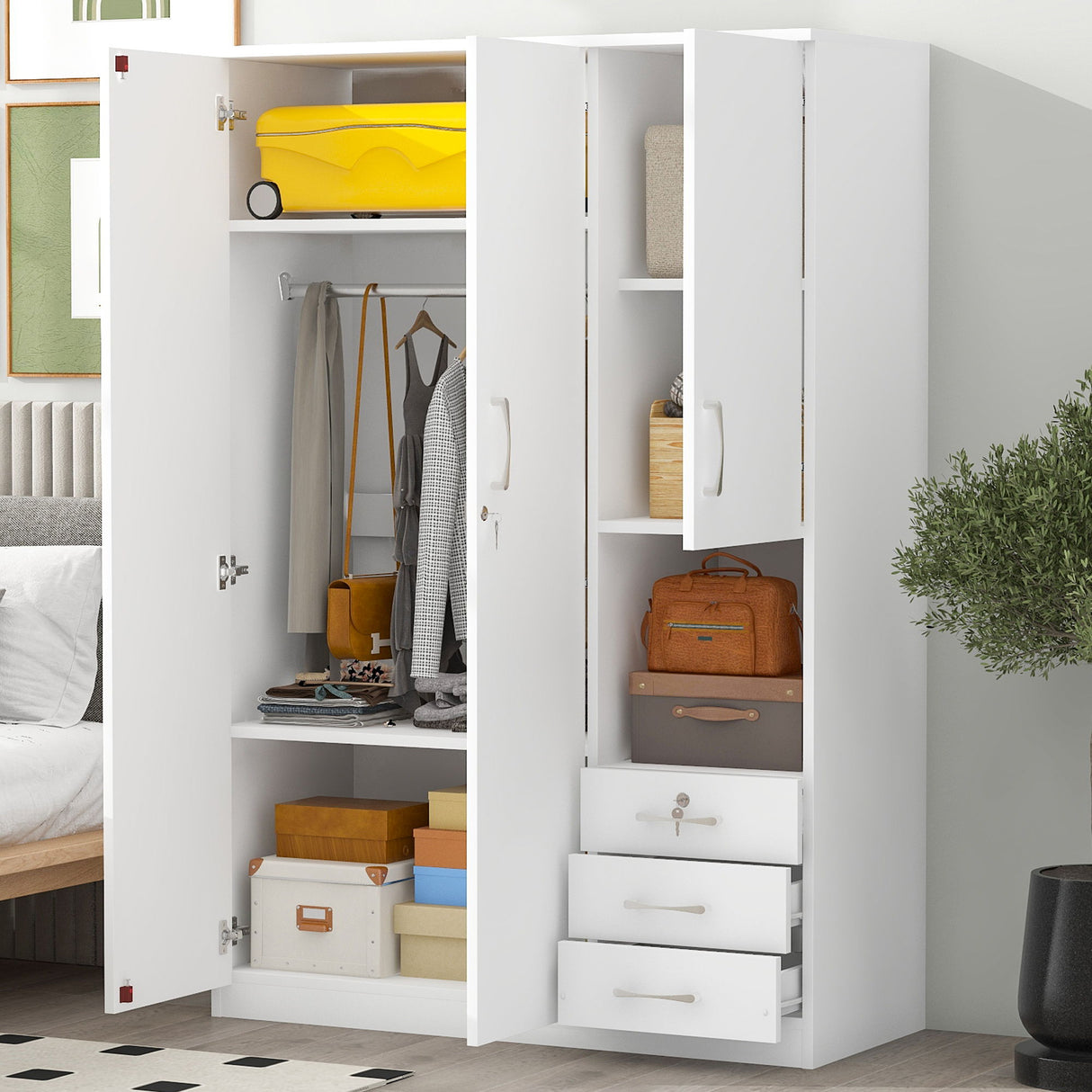 2 Doors Wardrobe Storage For Bedroom With Shelves And 3 Drawers