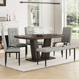 6 Piece Dining Table Set For 6, Table With V-Shaped Legs And 4 Upholstered Chairs & Bench, Modern Dining Room Set For Kitchen, Dining Room - Gray
