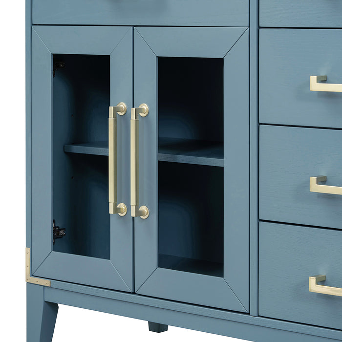 TREXM 6-drawer and 2-Cabinet Retro Sideboard with Extra Large Storage Space, with Gold Handles and Solid Wood Legs, for Kitchen and Living Room (Antique Blue)