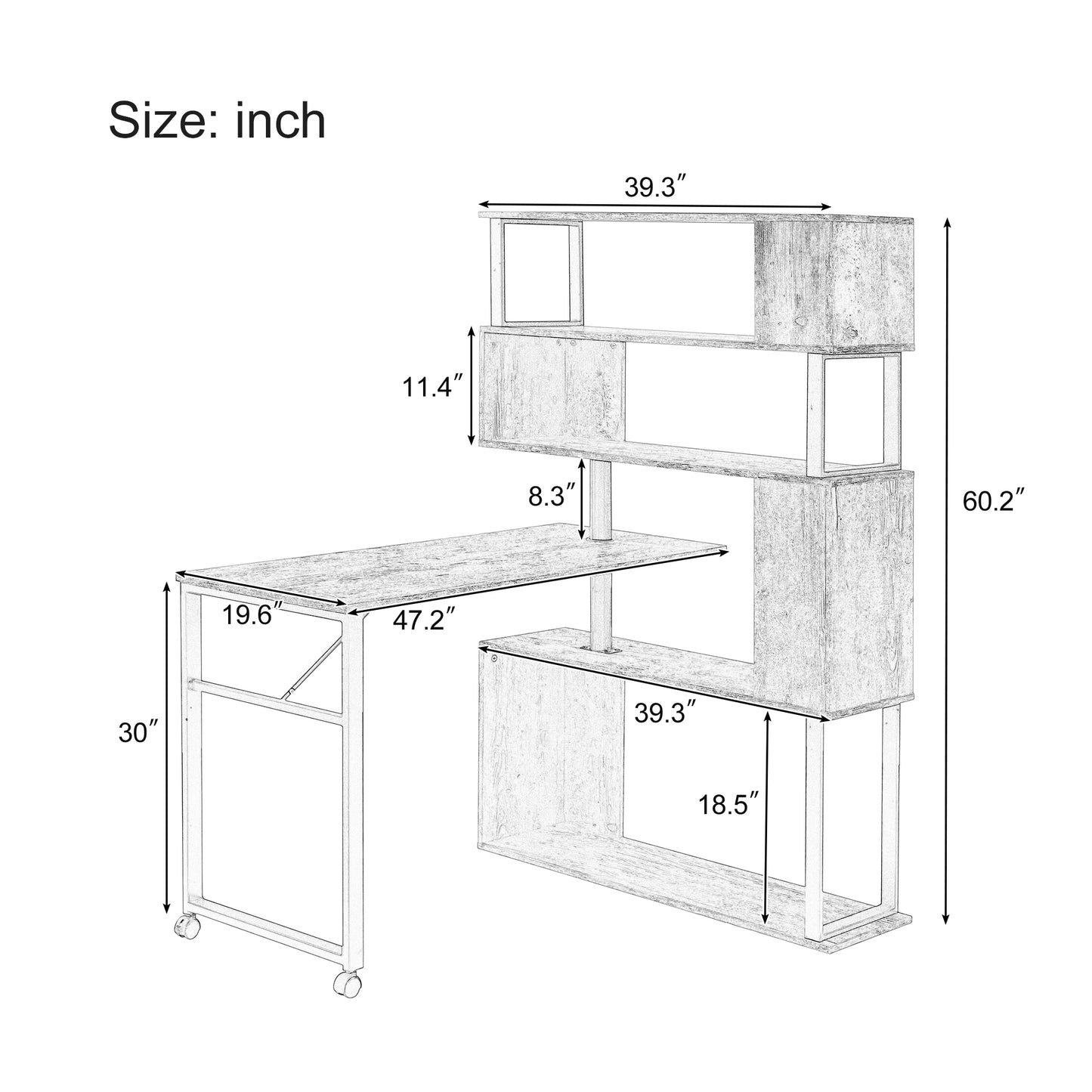 Home Office Computer Desk L-Shaped Corner Table, Rotating Computer Table with 5-Tier Bookshelf, Four Installation Methods, Lockable Casters (Tiger)