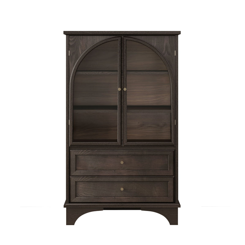 Glass Door Display Case With 2 Drawers And Adjustable Shelf