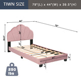 Upholstered Twin Size Platform Bed For Kids Wooden Bed Frame With Slatted Bed Base No Box Spring Needed Cute Bed Frame With Shell Design Headboard - Pink