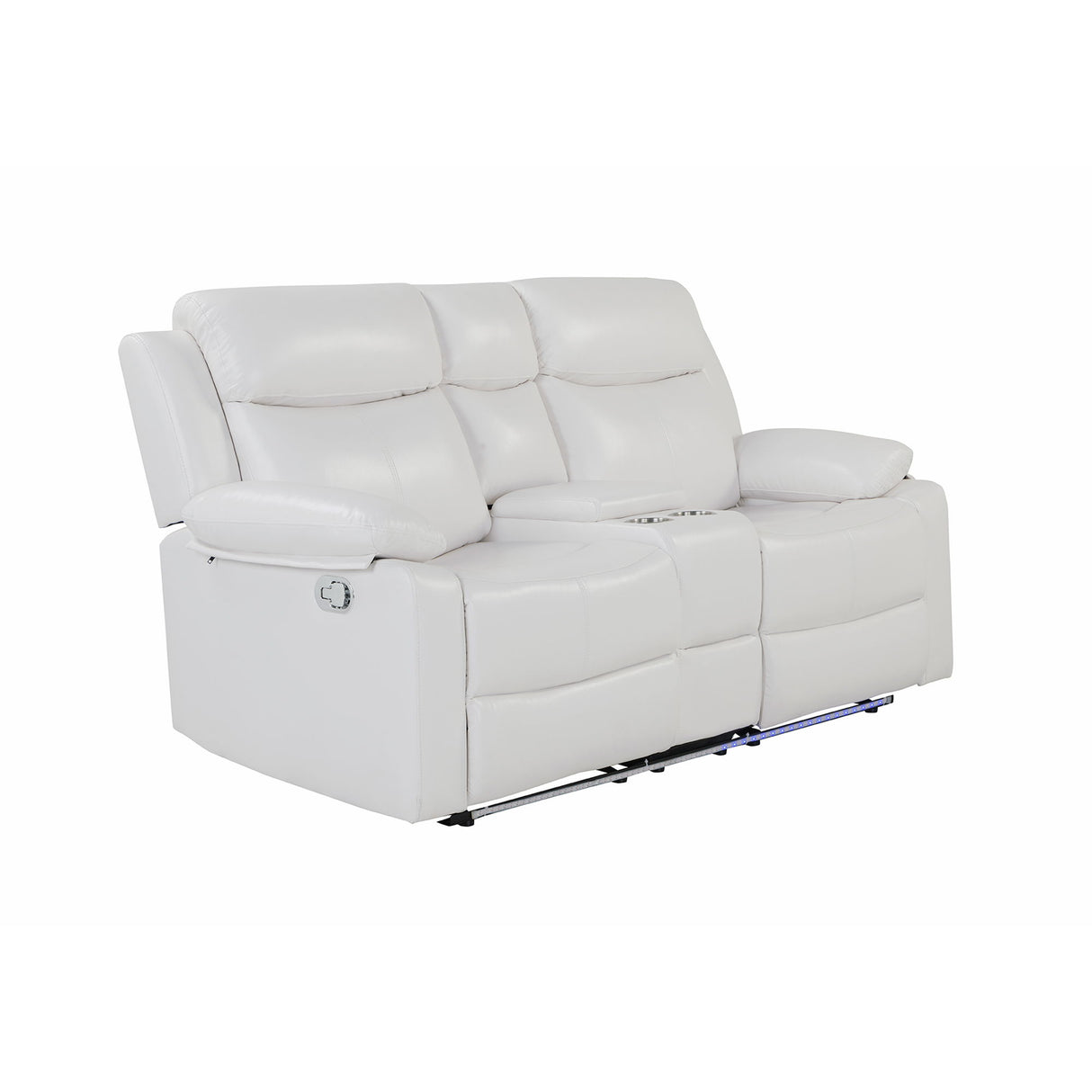 Blanche - Console Reclining Loveseat With LED Lights, Pillow Top Arms, Manual Recline, 2 Cupholders - White