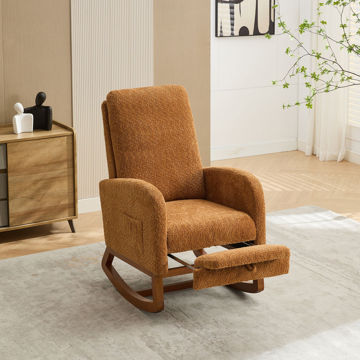 Rocking High Back Glider Chair With Retractable Footrest, Side Pocket