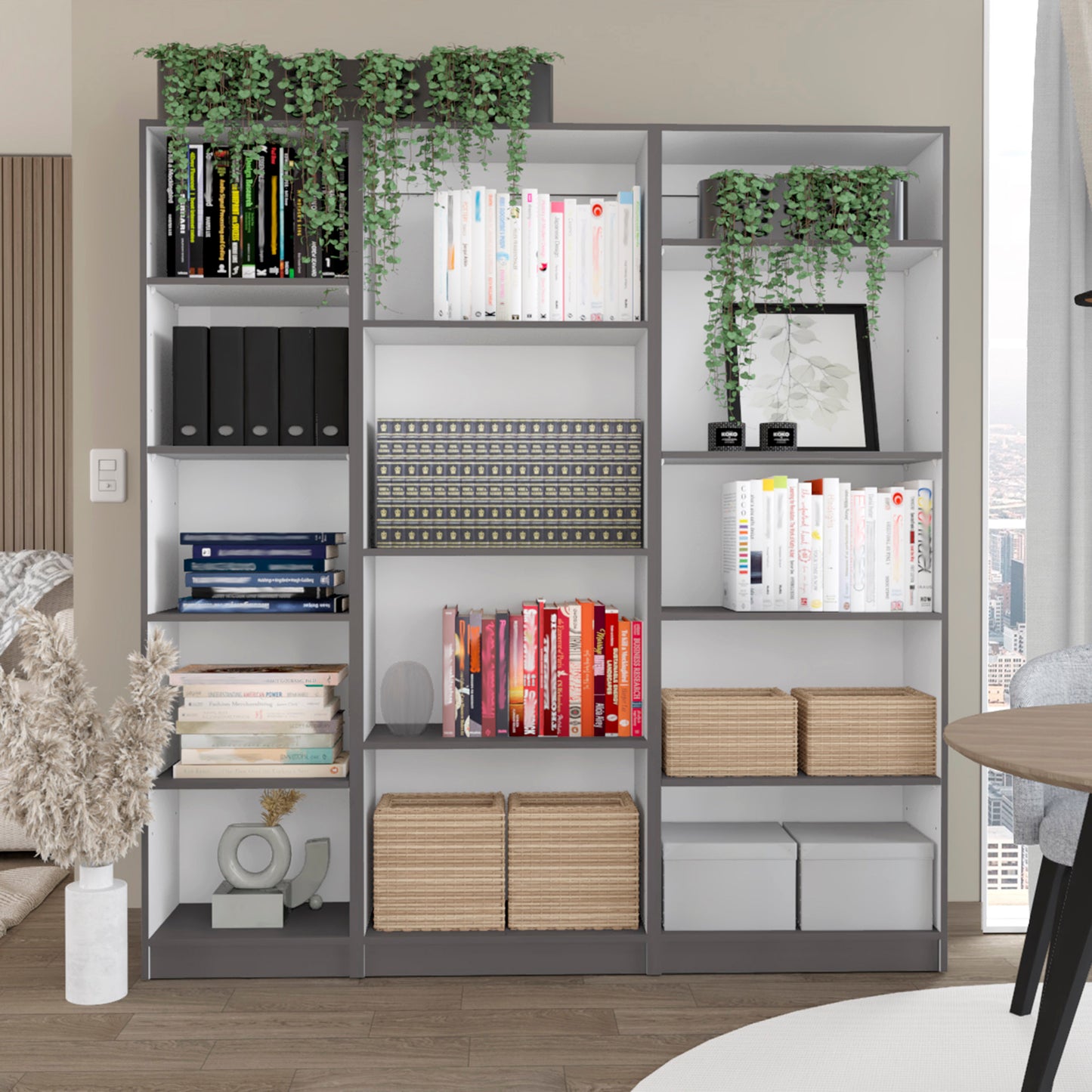 Dupree 3 Piece Home Bookcase set, 67" Wide with 14 Shelves ,  Living Room Set Set  Mat Gray - White