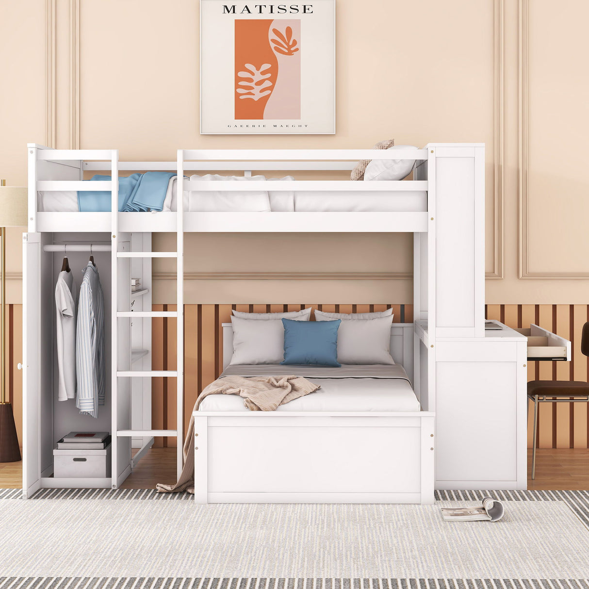 Loft Bed With A Twin Size Standalone Bed, Shelves, Desk, And Wardrobe