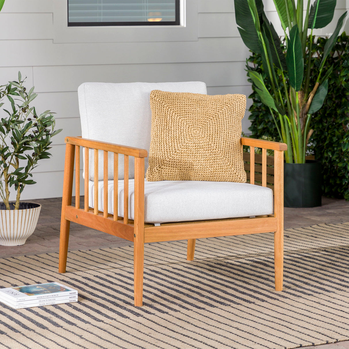 Contemporary Cushioned Eucalyptus Wood Patio Accent Chair