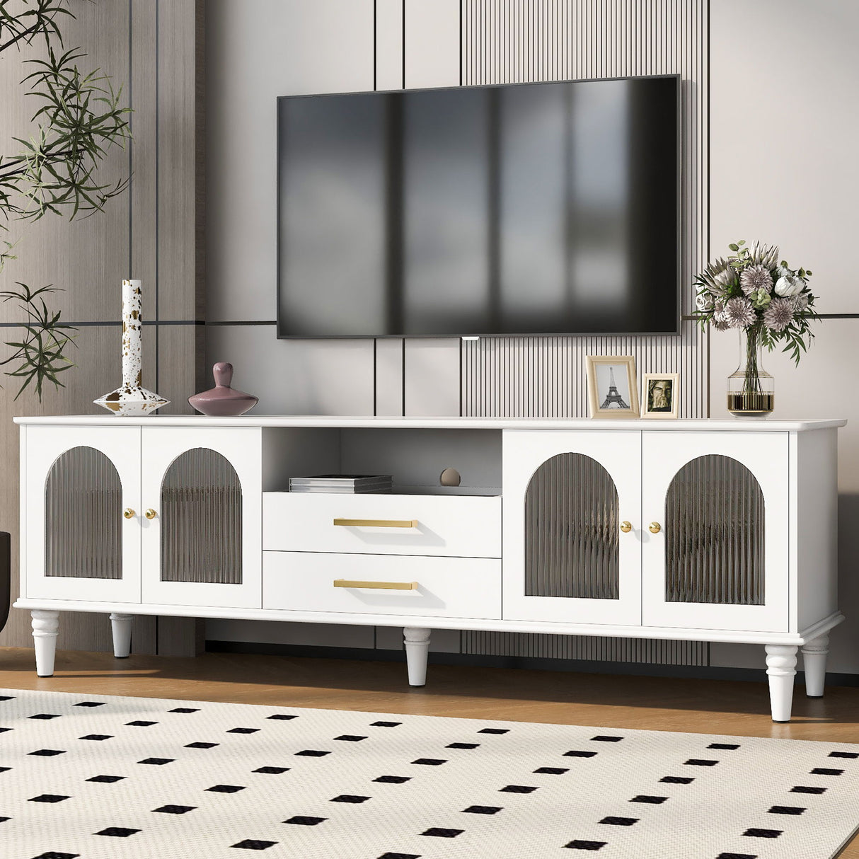 Retro TV Stand With Fluted Glass Doors