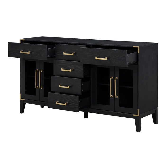 TREXM 6-drawer and 2-Cabinet Retro Sideboard with Extra Large Storage Space, with Gold Handles and Solid Wood Legs, for Kitchen and Living Room (Black)