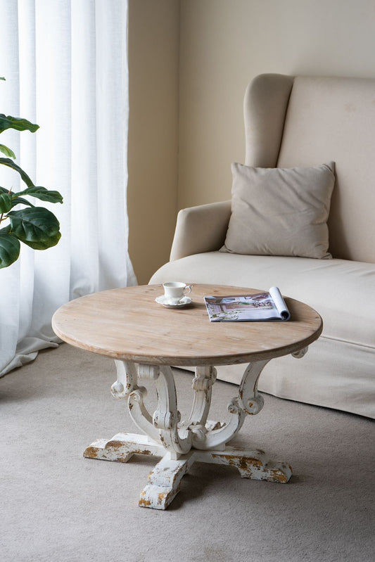Round Wooden Coffee Table With Distressed Scrollwork Legs - Multicolor