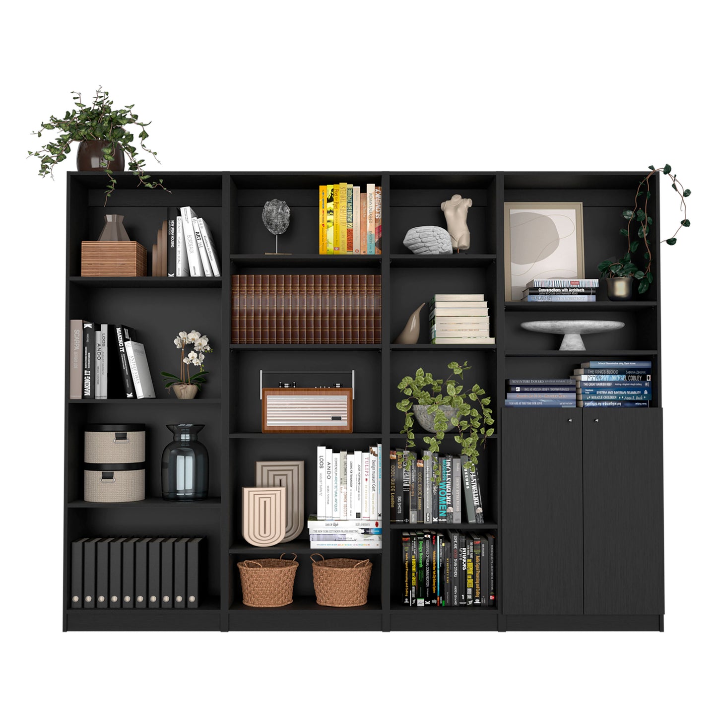 Dupree 4 Piece Home Bookcase set, 91" Wide with 17 Shelves And a Double-Door Cabinet ,  Living Room Set  Black