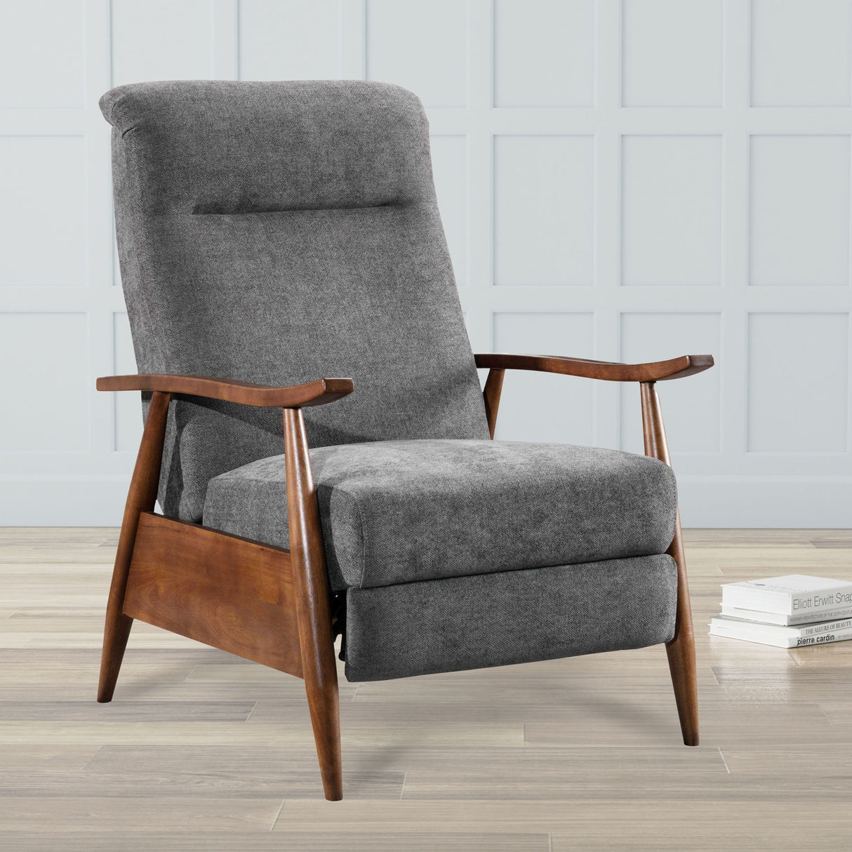 Saugus - Wood Arm Push Back Recliner Modern Fabric With Wood Arms - Charcoal