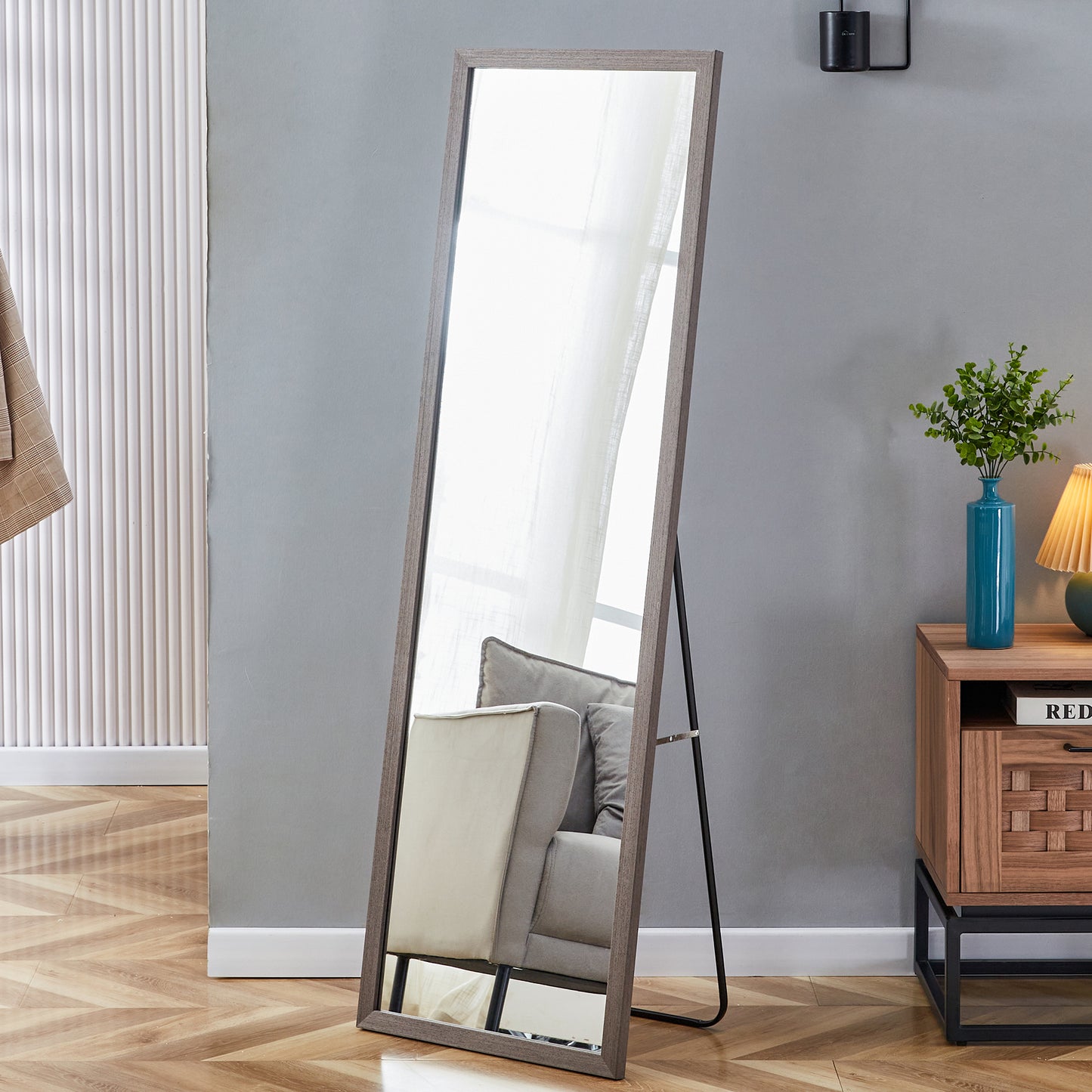 Third generation packaging upgrade, thickened frame, gray wood grain solid wood frame full-length mirror, dressing mirror, bedroom entrance, decorative mirror, floor standing mirror. 57.9 "* 18.1"