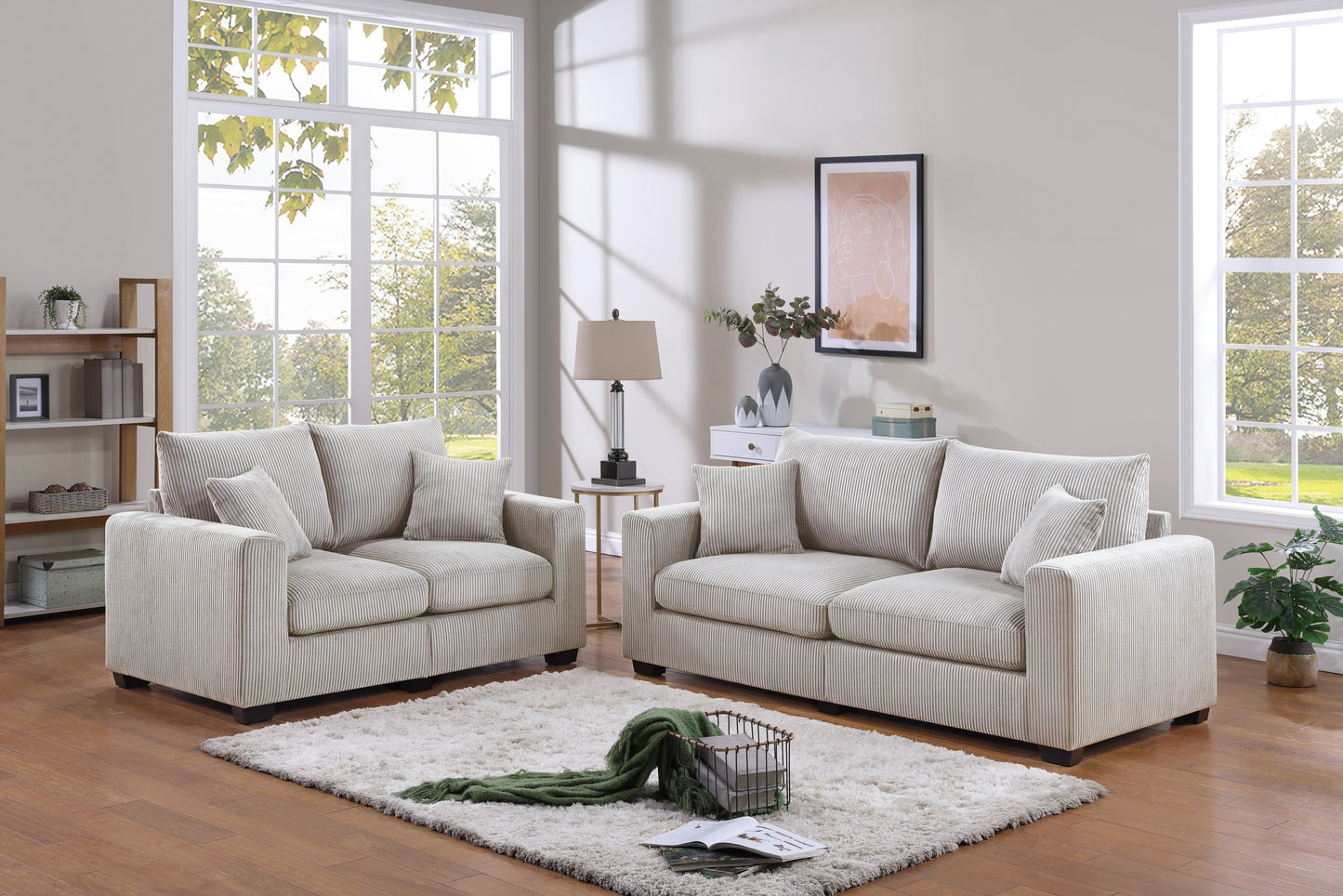 Classic Living Room 2pc Sofa Set Ivory Corduroy Sofa And Loveseat w Pillows Square Arms Plush Couch