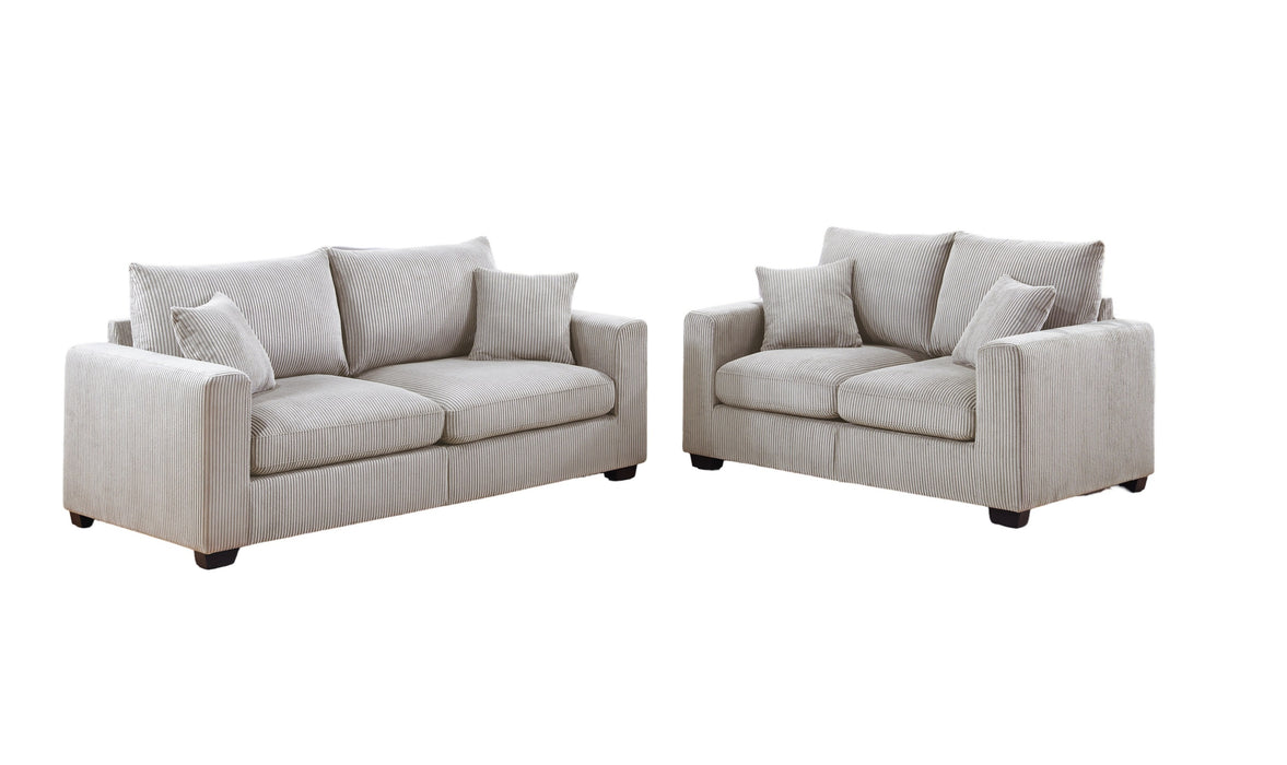 Classic Living Room 2pc Sofa Set Ivory Corduroy Sofa And Loveseat w Pillows Square Arms Plush Couch