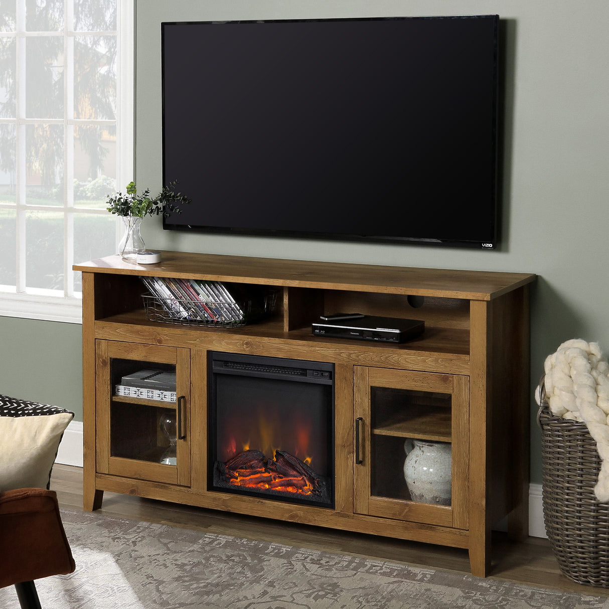 Classic Glass Door Fireplace Tall TV Stand For TVs Up To 65"