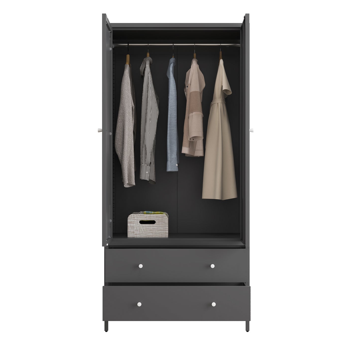 Metal Armoire Wardrobe Closet with 2 Drawers, Mirror Door and Hanging Rod, Metal Clothing Storage Cabinet, Garment Organizer with Magnetic Door - Dark Grey