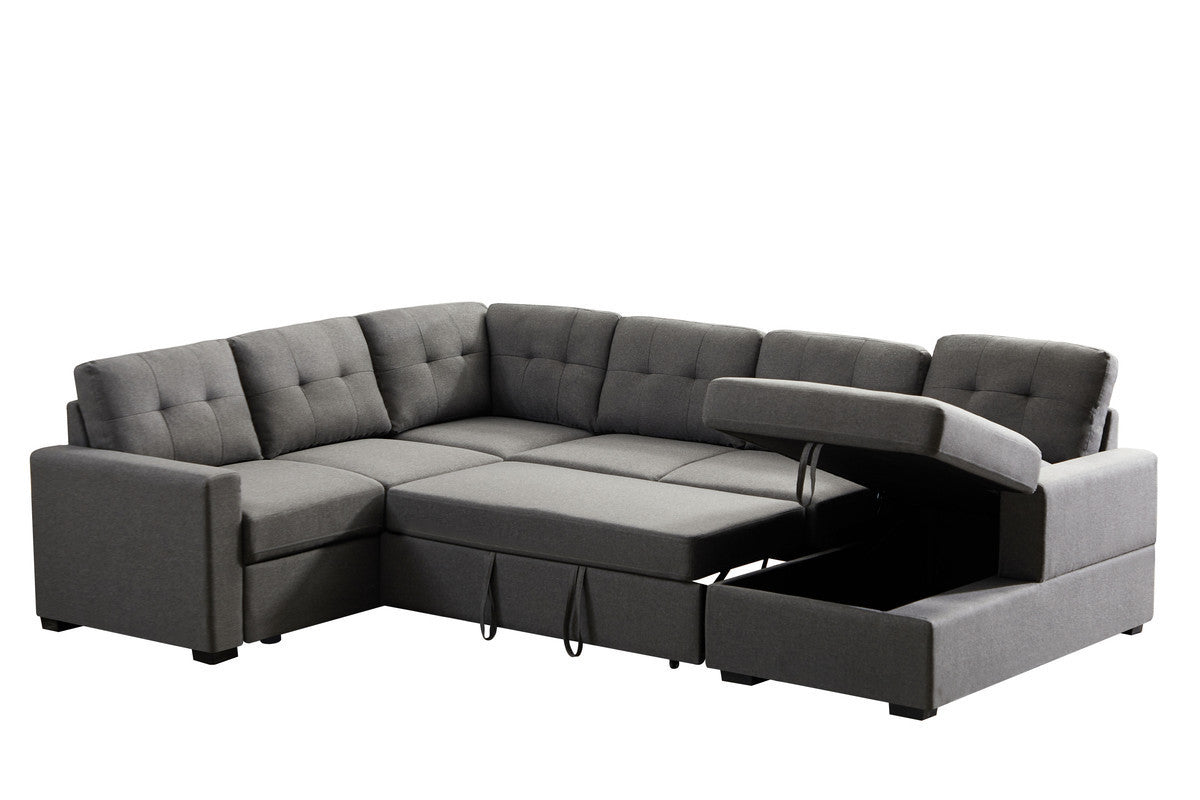 Selene 115.5" Dark Gray Linen Fabric Sleeper Sectional Sofa with Storage Chaise