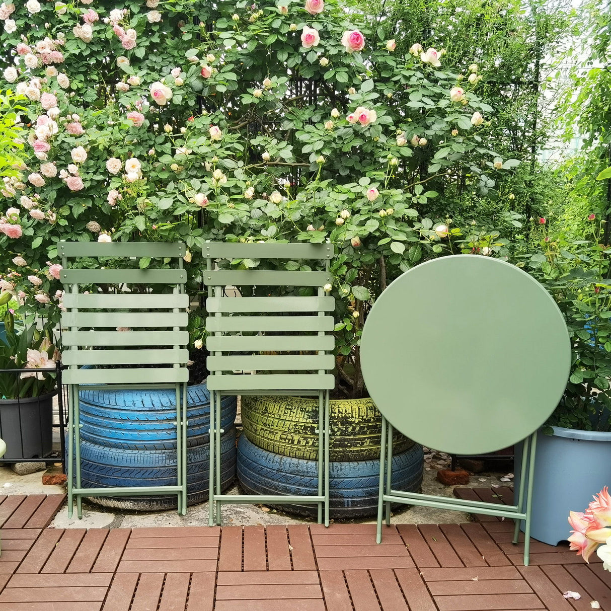 3 Piece Patio Bistro Set Of Foldable Round Table And Chairs