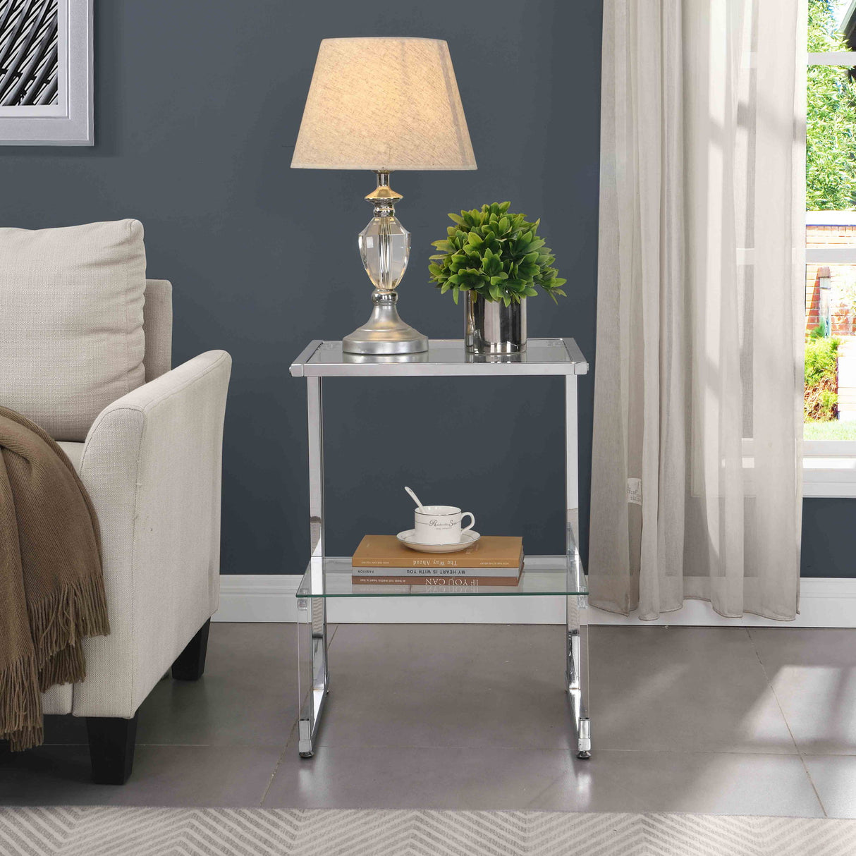 2 Tier Acrylic Glass End Table For Living Room