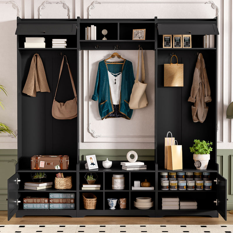 Wide Hall Tree With Shoe Storage, 4 In 1 Entryway Bench With 8 Cubbies, 7 Coat Hooks & Adjustable Shelf For Hallway - Black