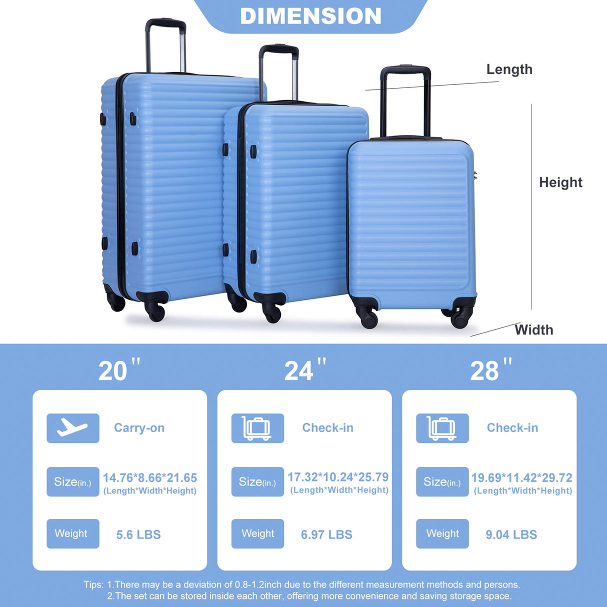 3 Piece Luggage Sets, Lightweight Suitcase With Two Hooks, Spinner Wheels, Tsa Lock