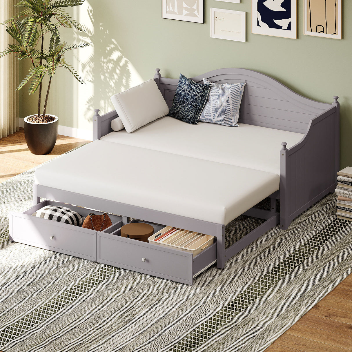 Daybed With Extended Pop Up Trundle And Storage Drawers