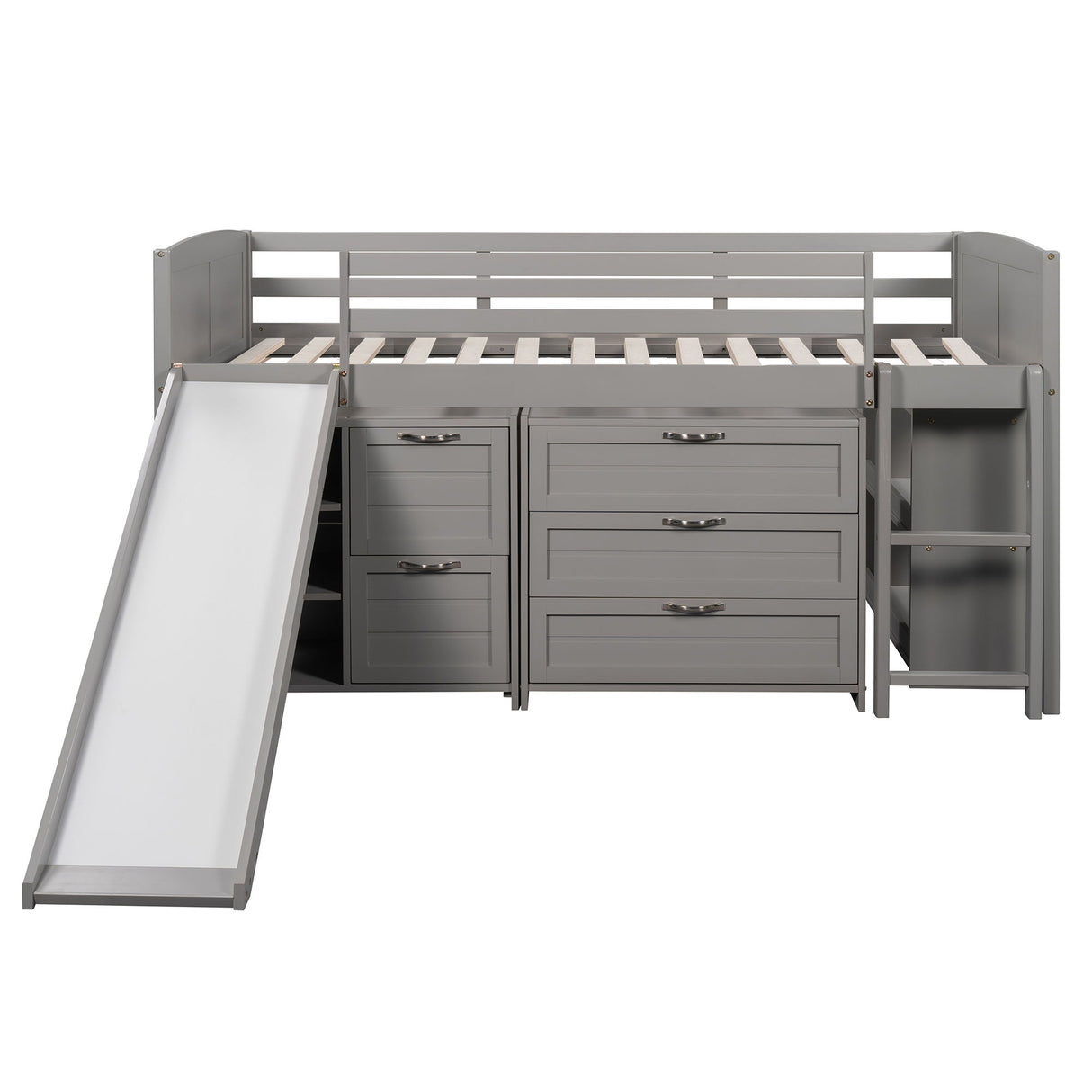 Loft Low Bed With Cabinets, Shelves And Slide