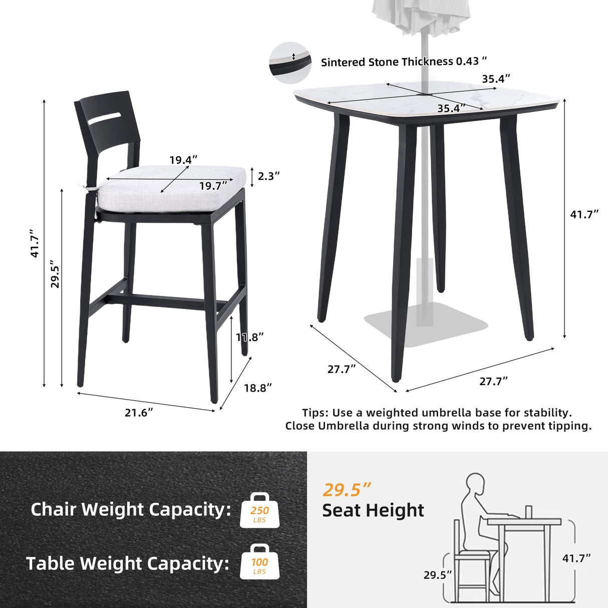 5 Pieces Modern Outdoor Bar Set, Sintered Stone Table With White Inspired Top & 4 Bar Stools, Sunbrella Cushions, Weather Resistant - Ember Black / White