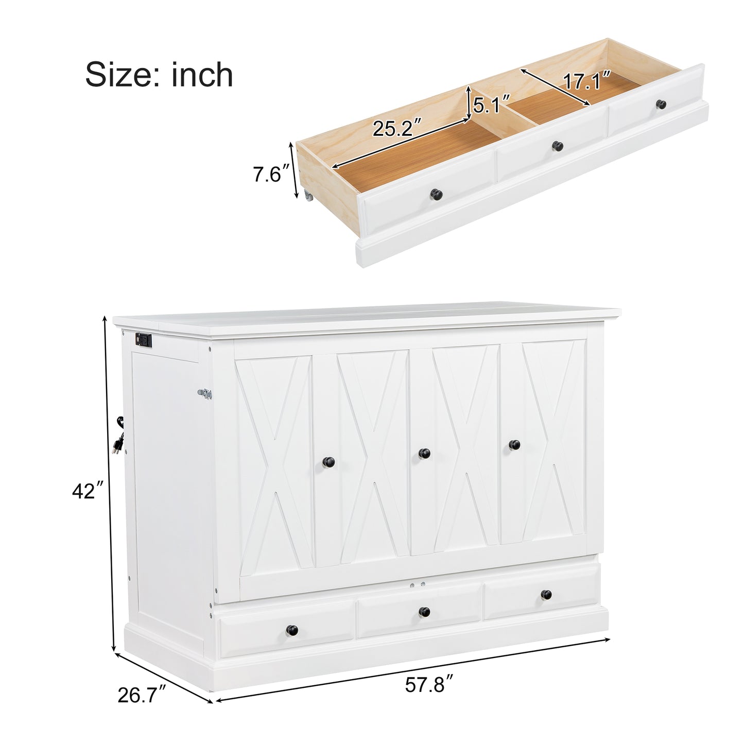 Solid Pine Murphy Bed Chest Cube Cabinet Bed with Charging Station and Large Storage Drawer for Home Office or Small Room,Full,White