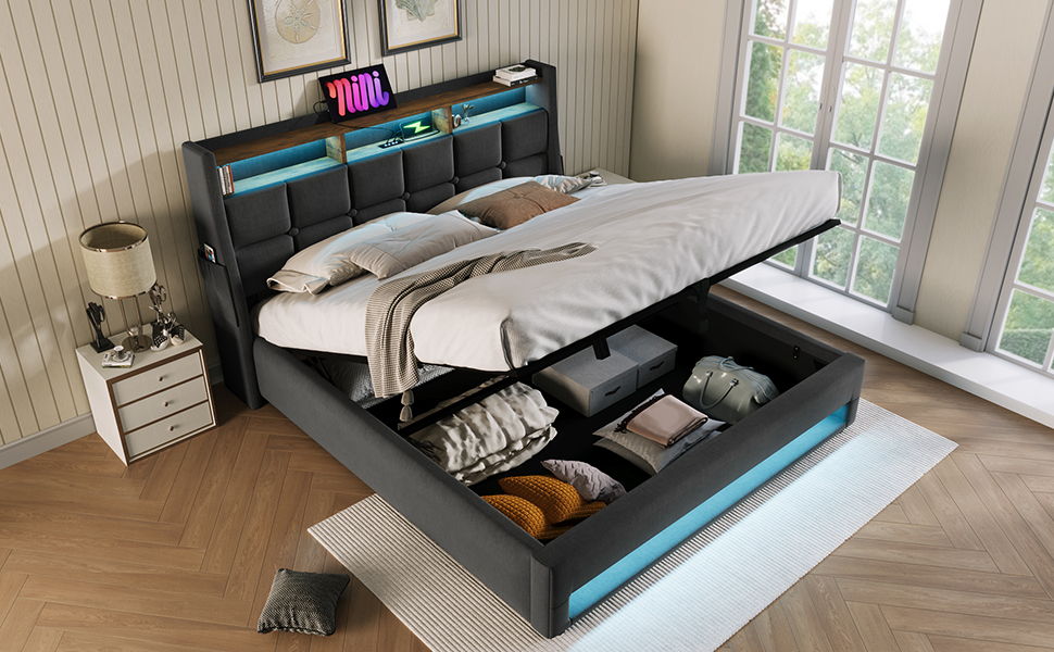 Upholstered Platform Bed With A Hydraulic Storage System, LED And USB Charging (Without Mattress)