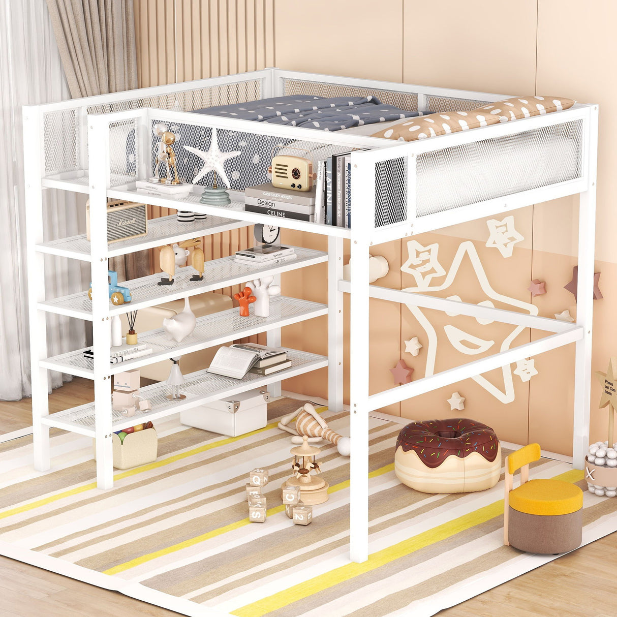 Loft Bed With 4 Tier Shelves And Storage
