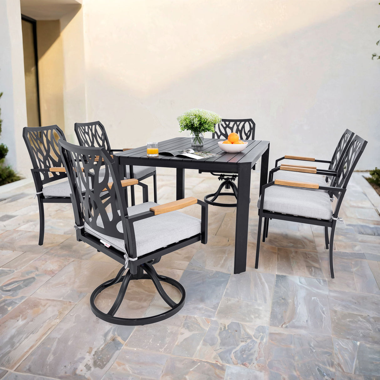 7 Pieces Outdoor Patio Furniture Set, 4 Dining Chairs & 2 Swivel Rockers Sunbrella Fabric, Rectangular Table With Umbrella Hole - Bourbon Brown