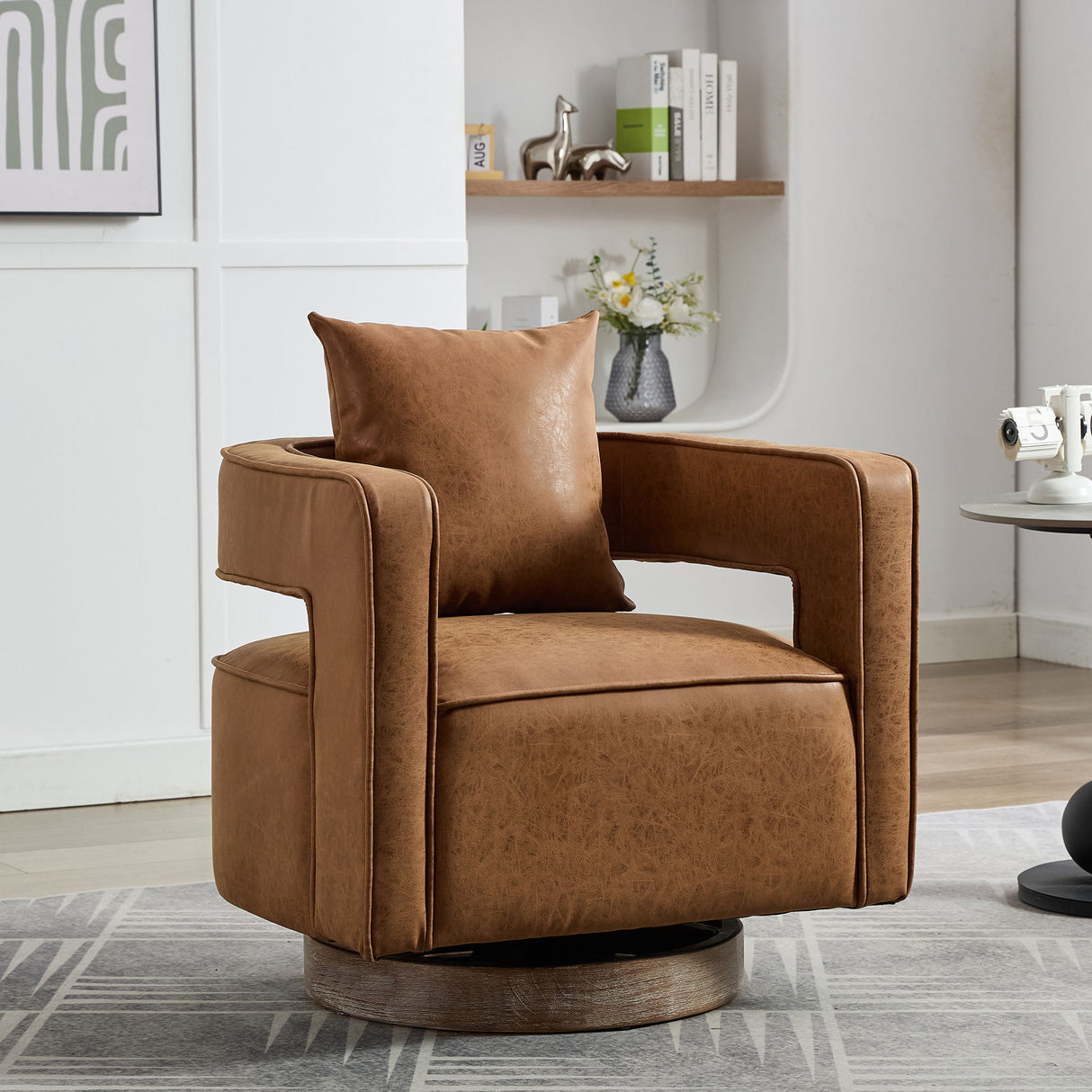 Swivel Accent Open Back Barrel Chair With Weathered Base